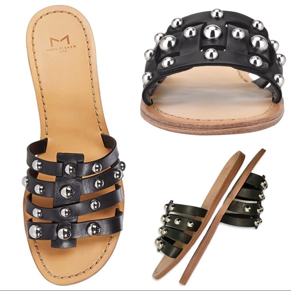 BLACK LEATHER SANDALS SLIDES MARC FISHER SLIP ONS STUDD CAGED FLATS A2C - Picture 4 of 16
